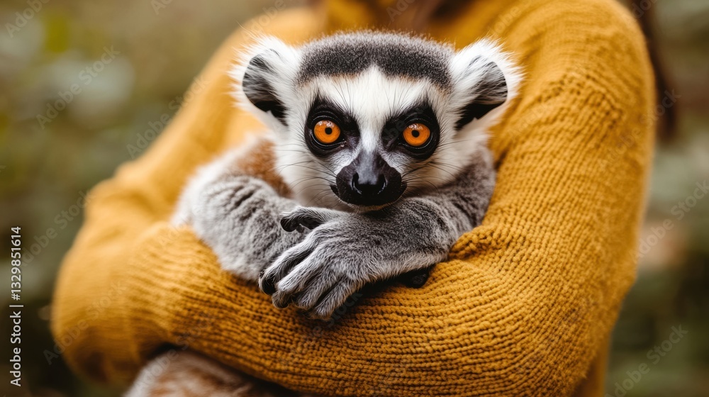 Fototapeta premium Lemur cuddles with caretaker in a cozy setting at dusk