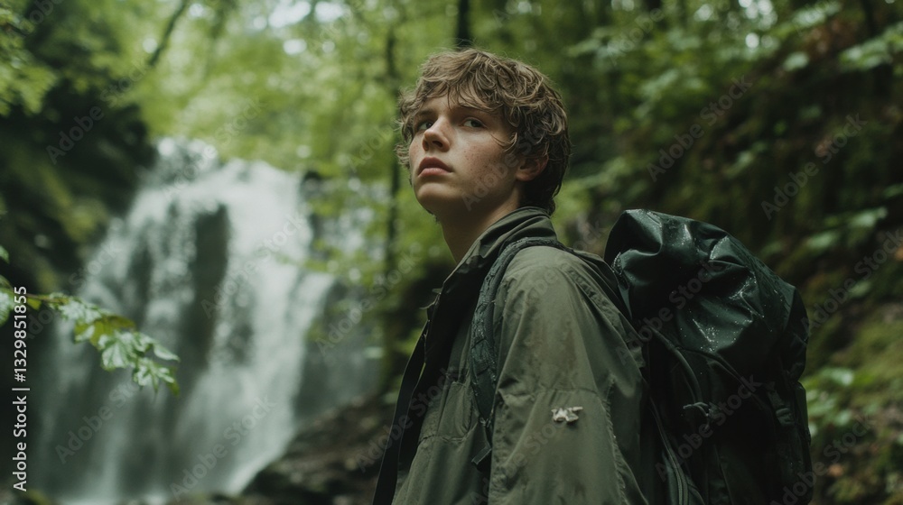 Fototapeta premium Young hiker gazes toward a distant waterfall in lush forest