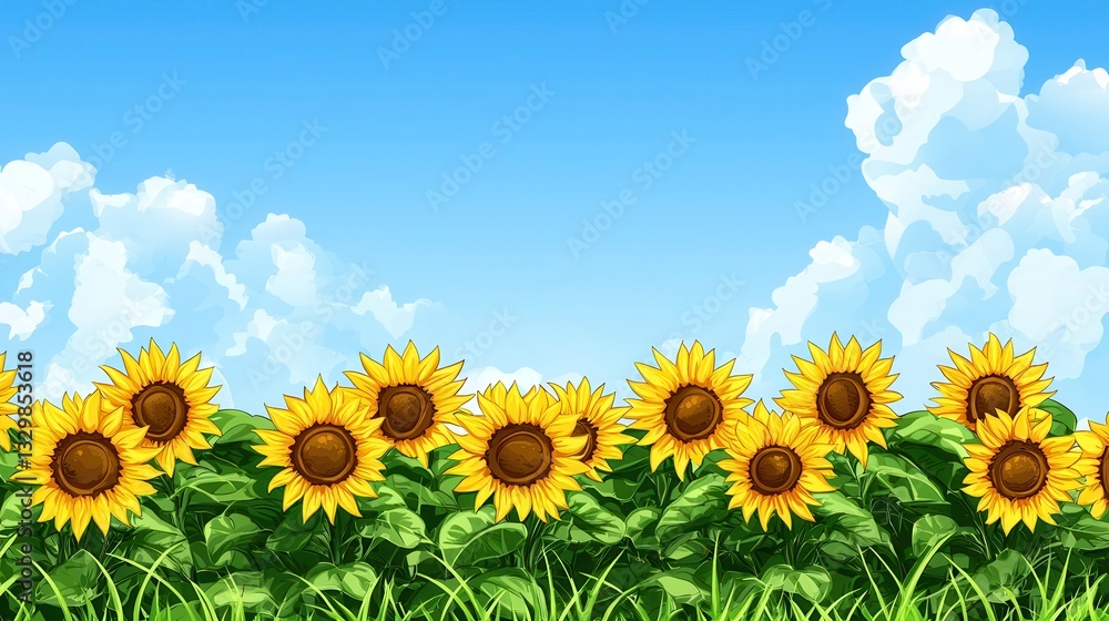 Fototapeta premium Sunny Summer Day Sunflowers Blooming Under Blue Sky with Fluffy White Clouds