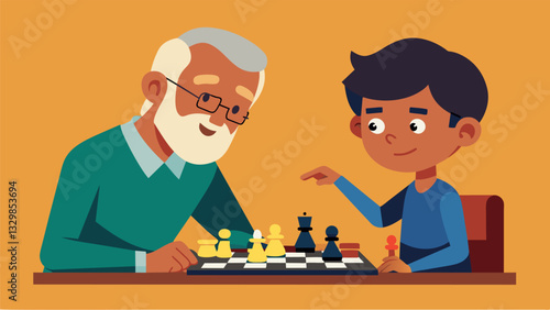 A grandfather and his grandson playing a game of chess together passing down strategies and lessons through the years.. Vector illustration
