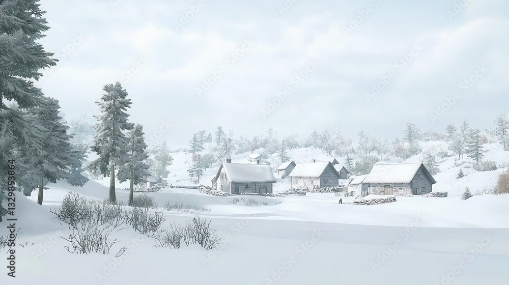 Serene Winter Village Scene Snow Covered Houses and Trees Serene Winter Village Scene Snow Covered Houses and Trees