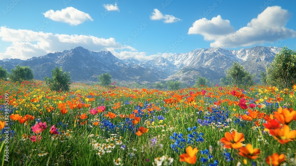 Fototapeta premium Vibrant wildflowers bloom in mountain meadow, sunny day