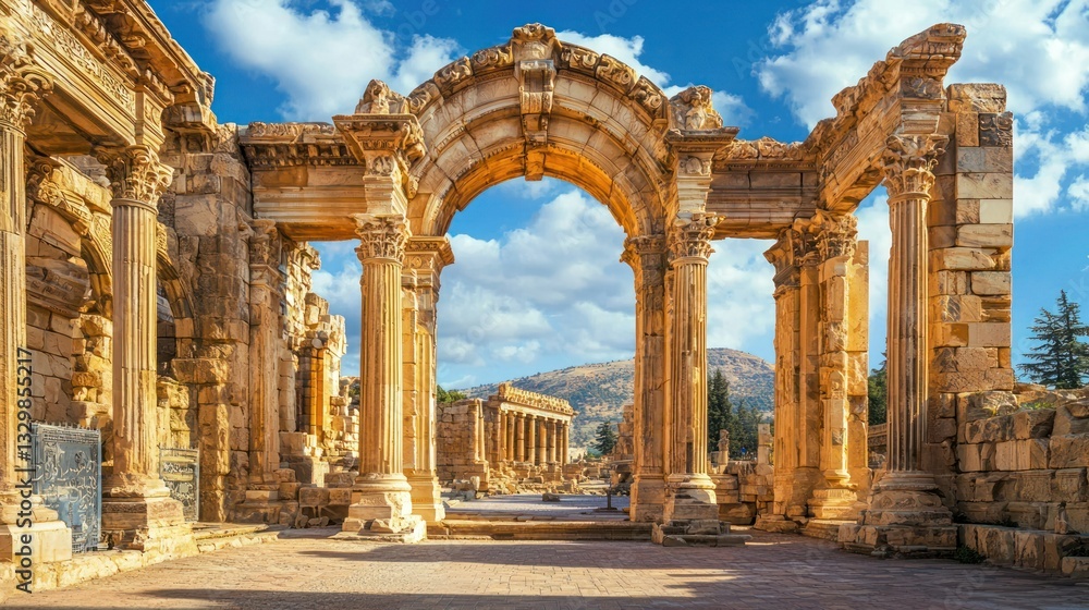 Obraz premium Ancient ruins with intricate carvings and arches.