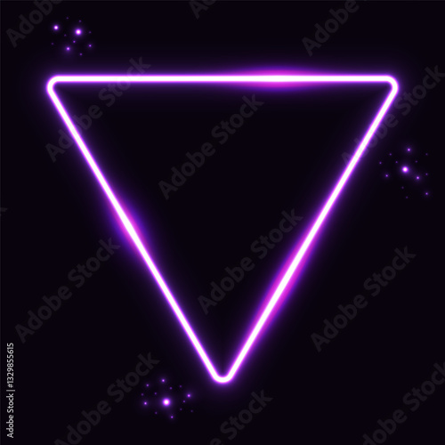 Realistic purple neon triangle frame on dark background. Fashion frame with glow effect. Illuminated geometric shape. Electric light neon lamp. Vector illustration