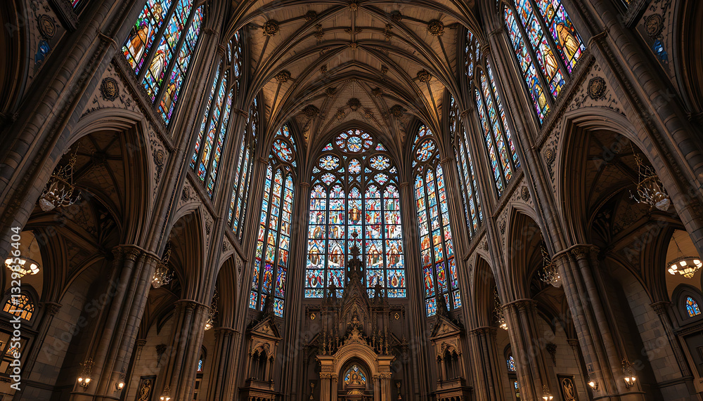 Obraz premium Stained glass window, interior of St Vitus Cathedral in Prague, St Vitus cathedral in Prague, stained glass window in church 32K Resolution