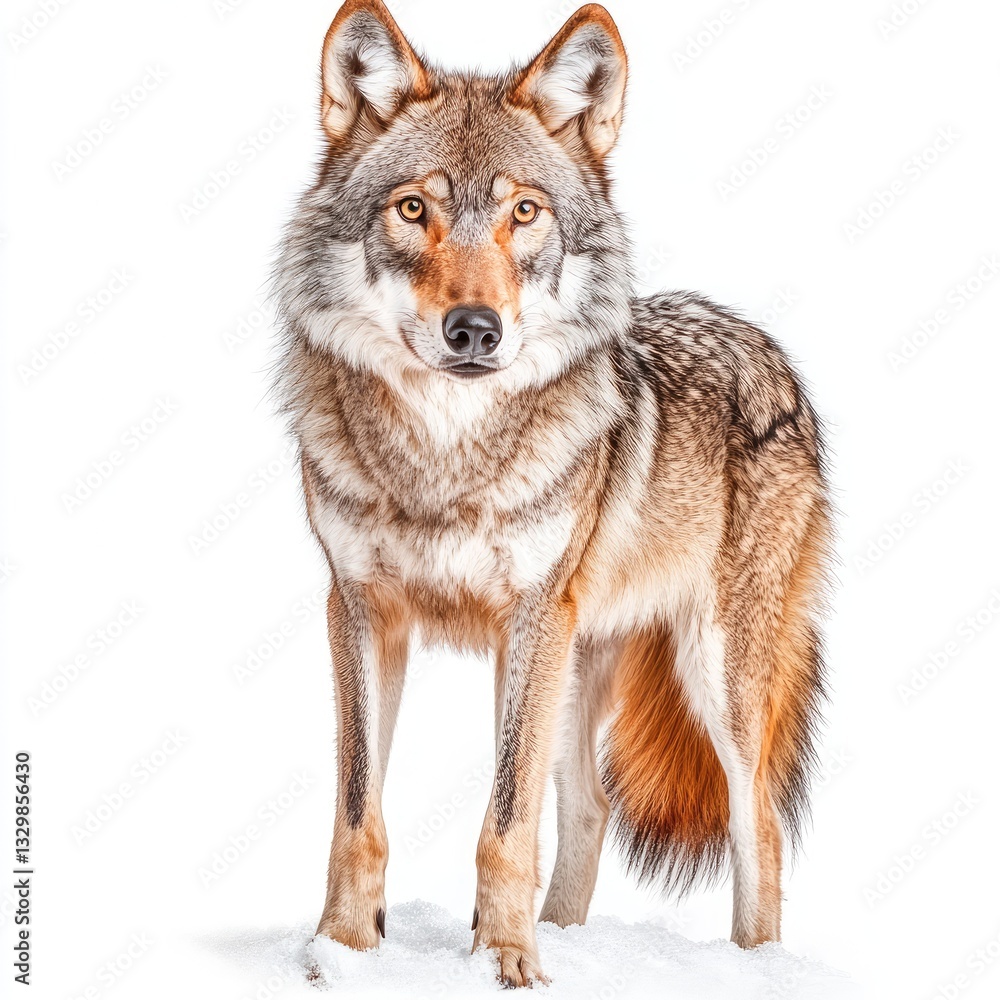 Obraz premium Close-up of a majestic wolf standing on snow in a winter landscape with sharp features and a keen gaze