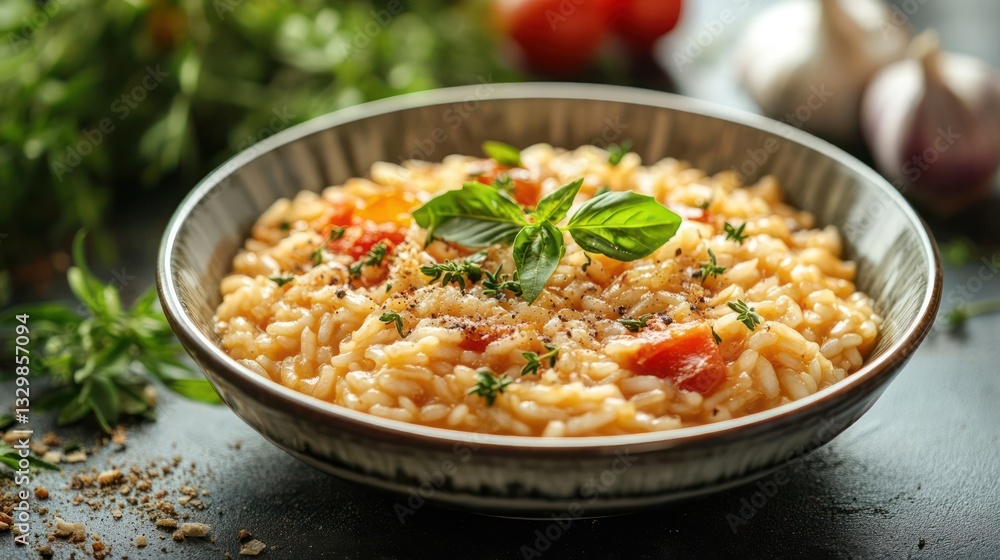 A bowl of creamy risotto with fresh basil leaves A bowl of creamy risotto with fresh basil leaves