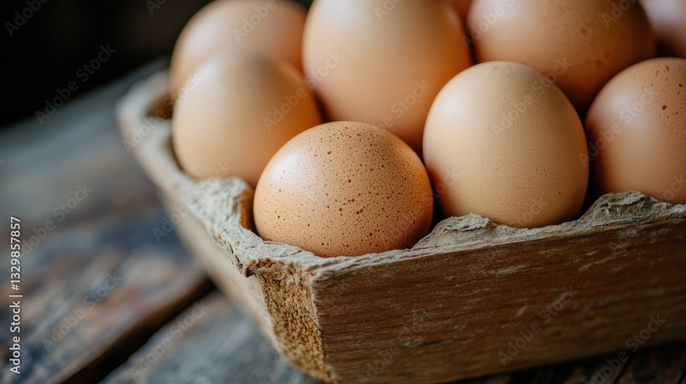 Fresh brown eggs arrangement in rustic wooden box on weathered wooden surface Fresh brown eggs arrangement in rustic wooden box on weathered wooden surface