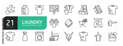 Set Of Laundry Line Icons. Washing clothes hand and automatic cleaning.
