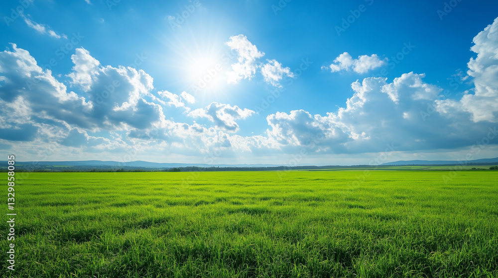 Obraz premium Wide expanse of a lush green field under a vibrant blue sky.