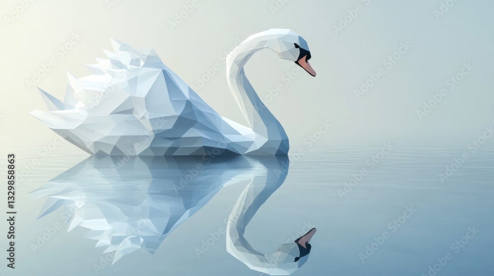 Fototapeta premium Geometric White Swan on Calm Blue Water