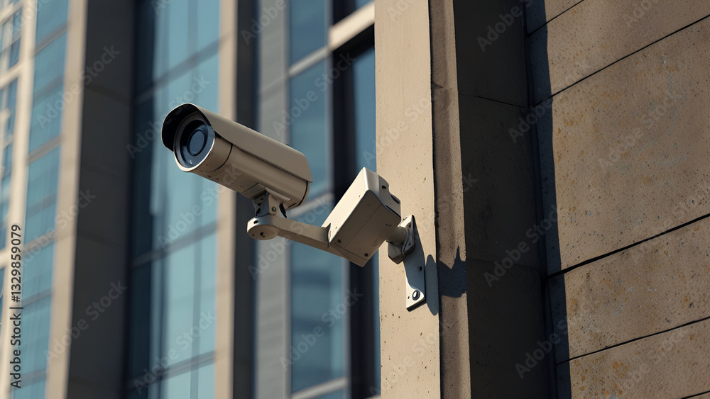 Exterior Wall with a Mounted Modern Security Camera Positioned for Surveillance and Concrete Facade with Large Windows Exterior Wall with a Mounted Modern Security Camera Positioned for Surveillance and Concrete Facade with Large Windows