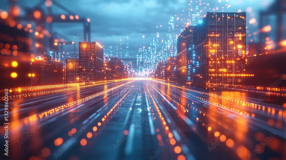 Futuristic city street with digital data streams Futuristic city street with digital data streams