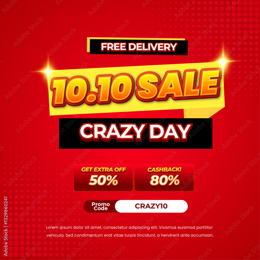 Fototapeta premium 10.10 Crazy Sale discount deals vibrant red gradient Editable text effect halftone pop up style promotional Square banner flyer poster template