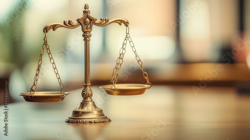 Golden scales of justice on wooden table, blurred background.
