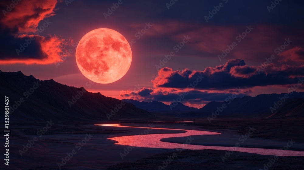 Crimson moon over winding river valley at twilight Crimson moon over winding river valley at twilight