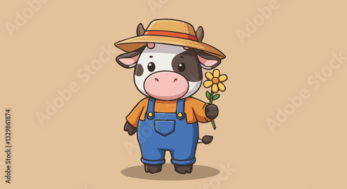 cute cartoon cow wearing overalls and a farmers hat. Holding a flower