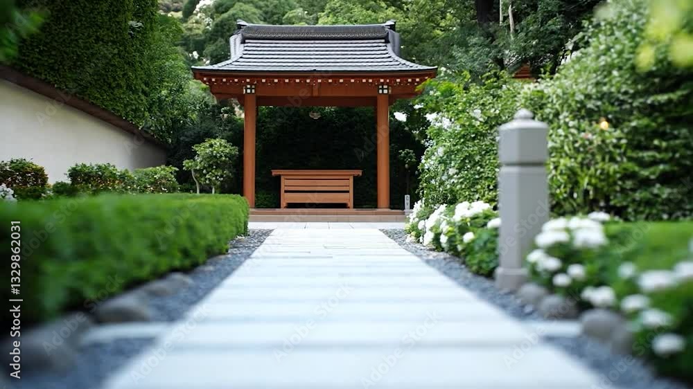 Serene garden pathway leading to a traditional gazebo surrounded by lush greenery and flowers Serene garden pathway leading to a traditional gazebo surrounded by lush greenery and flowers