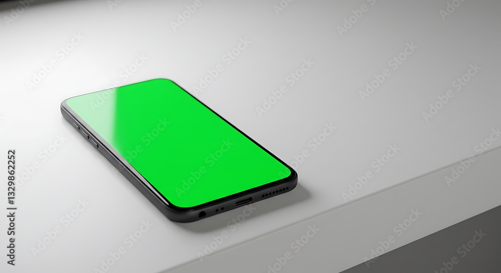 Smartphone with Green Screen Resting on White Surface for App Promotion Smartphone with Green Screen Resting on White Surface for App Promotion