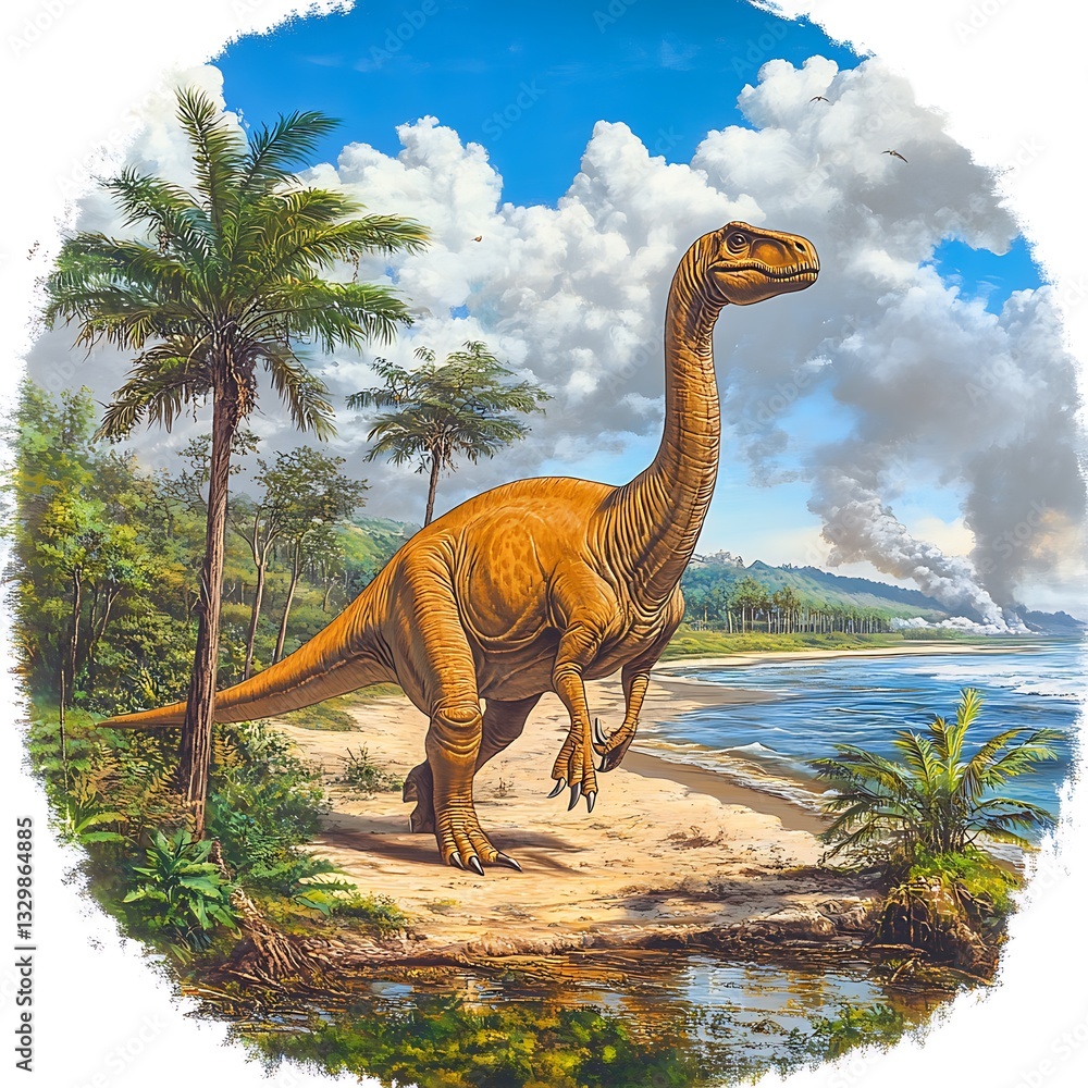 Obraz premium Dinosaur on tropical beach.