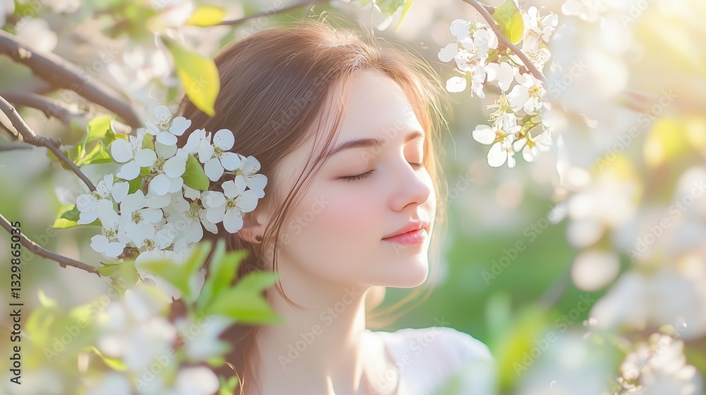 Beautiful teenager girl enjoying the scent of spring flowers in a blooming orchard Beautiful teenager girl enjoying the scent of spring flowers in a blooming orchard