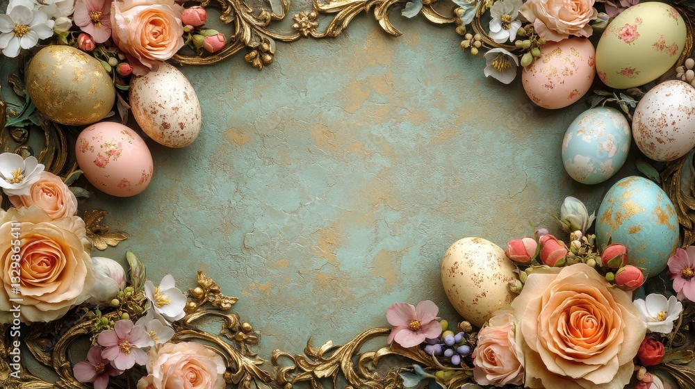 Easter card featuring a floral wreath with eggs on a blue background for seasonal celebration Easter card featuring a floral wreath with eggs on a blue background for seasonal celebration