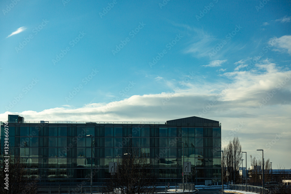 View to glass and metal buildin on Munich airport
