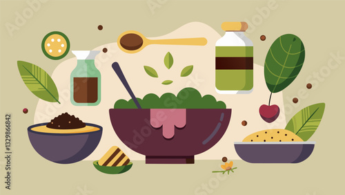 An energizing smoothie bowl station with ingredients like matcha powder bee pollen and dark chocolate aimed at providing a boost of energy and. Vector illustration