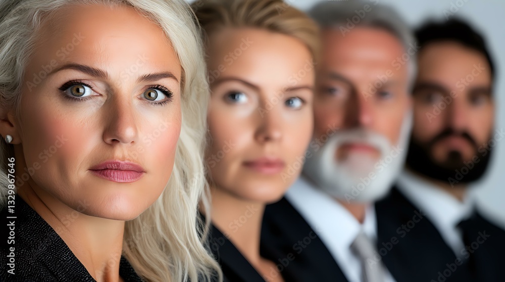 Diverse business team lineup showing different ages and genders against neutral background, professional corporate portrait demonstrating workplace diversity. Diverse business team lineup showing different ages and genders against neutral background, professional corporate portrait demonstrating workplace diversity.