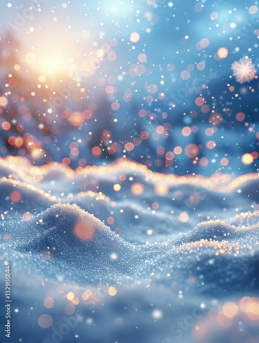 Snowy landscape with a bright sun shining through the snow