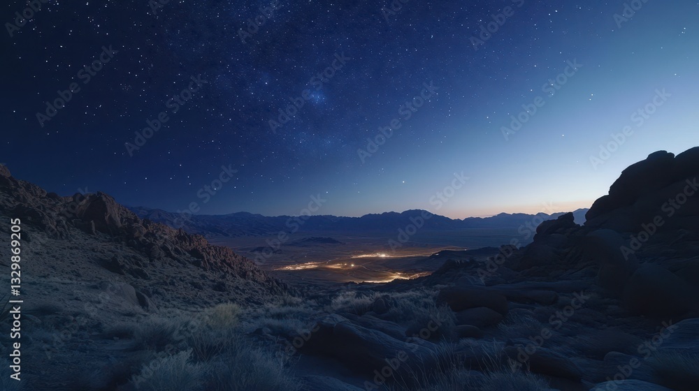 Starry night sky over a valley with distant city lights, rocky landscape. Perfect for travel, nature, or serenity-themed projects. Starry night sky over a valley with distant city lights, rocky landscape. Perfect for travel, nature, or serenity-themed projects.