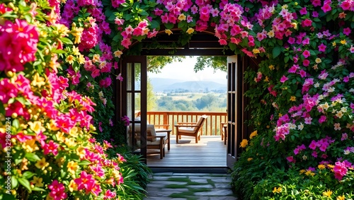 Fototapeta Naklejka Na Ścianę i Meble -  Overgrown archway framing a doorway. Wooden archway, dark brown, leads to a patio area