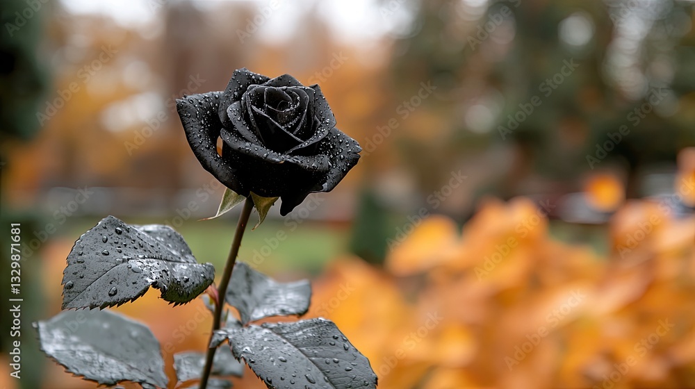 Obraz premium A stunning black rose glistens with dewdrops, illuminated by twilight, surrounded by softly blurred leaves in a serene park