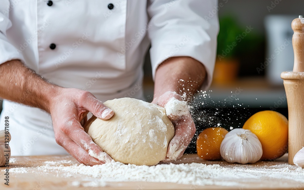 A chef kneads dough on a wooden surface, surrounded by fresh garlic, oranges, and flour, capturing the essence of culinary artistry. A chef kneads dough on a wooden surface, surrounded by fresh garlic, oranges, and flour, capturing the essence of culinary artistry.