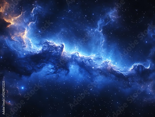 Cosmic Nebula, blue and orange gas clouds, stars.