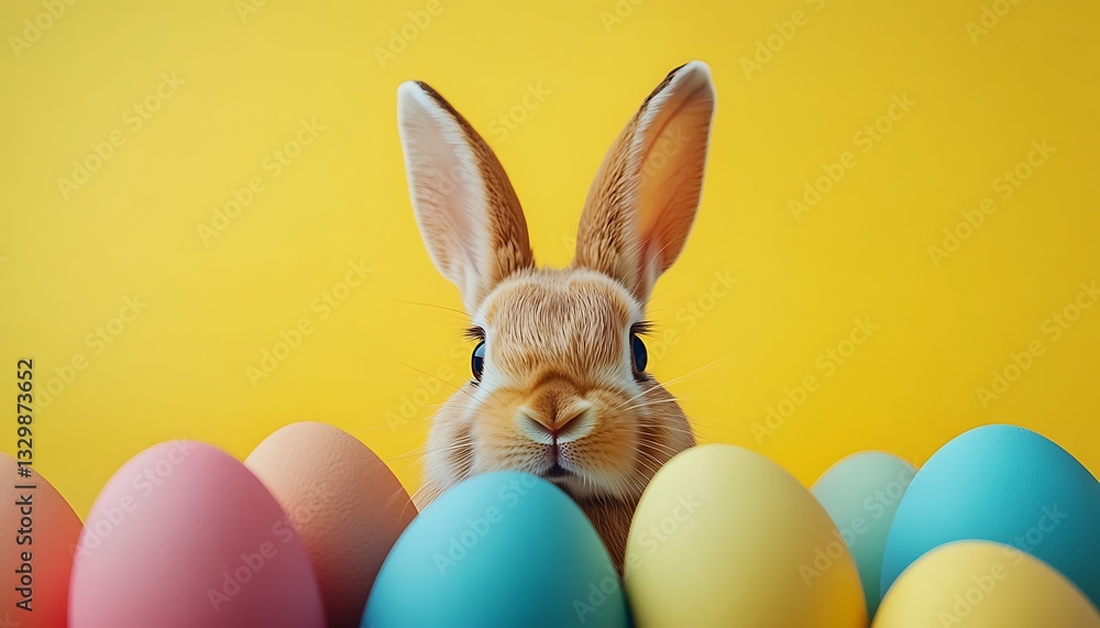 Fototapeta premium Easter bunny peeking from colorful eggs.