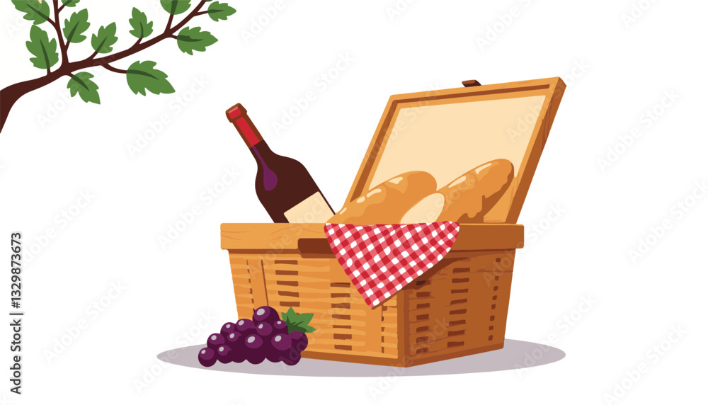 Woven picnic basket filled with wine and bread, outdoor simplicity Woven picnic basket filled with wine and bread, outdoor simplicity
