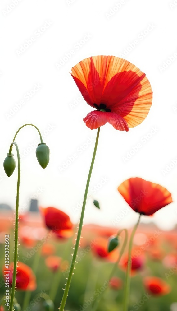 Fototapeta premium Single red poppy against a crisp white background, field of flowers, colorful blooms, delicate petals
