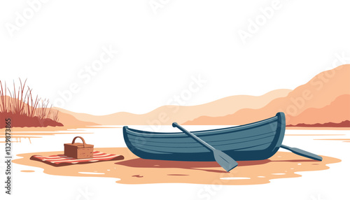 Serene wooden rowboat floating on lake at sunset, peaceful getaway