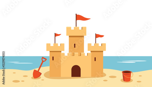 Minimalist sandcastle with flags on sandy beach, playful summer fun