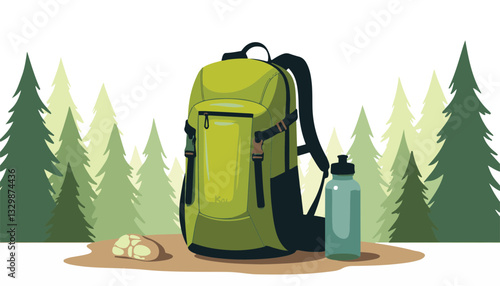 Compact olive green hiking backpack by pine forest, outdoor adventure