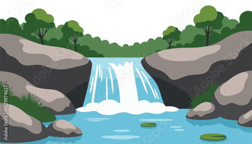 Cascading waterfall flowing gracefully among stylized rocks, tranquility