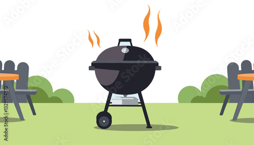 Charcoal grill emitting smoke in minimalist garden setting, outdoor cooking