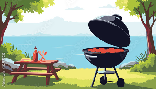 Classic barbecue grill by tranquil lake, outdoor cooking enjoyment