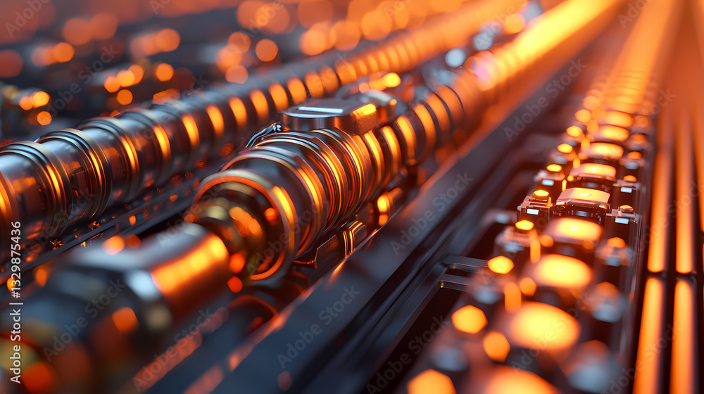An abstract close-up of metallic machinery with glowing orange highlights, showcasing intricate details and a dynamic, industrial aesthetic. An abstract close-up of metallic machinery with glowing orange highlights, showcasing intricate details and a dynamic, industrial aesthetic.
