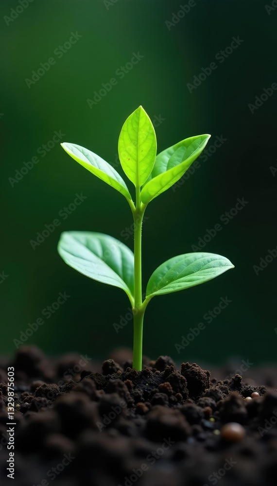 Fototapeta premium Single seedling plant with green leaves and stem, leaves, stem
