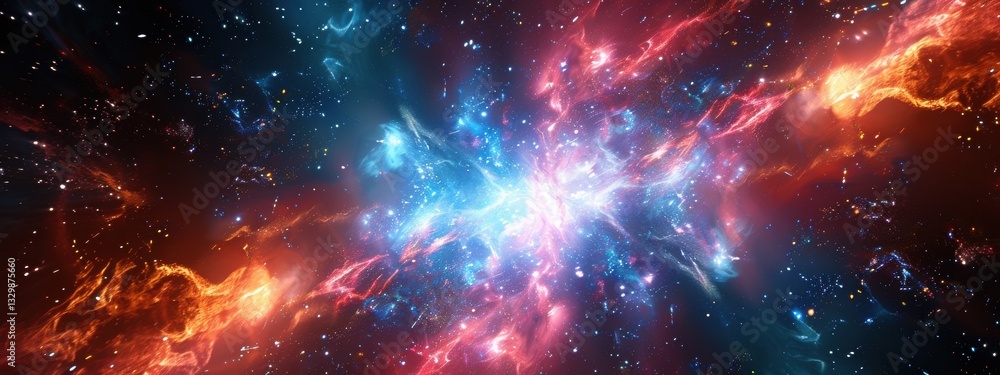 Colorful space scene with a bright red and blue explosion Colorful space scene with a bright red and blue explosion