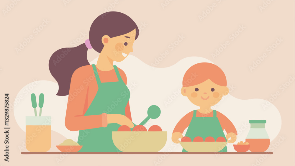 Sweet Mother's Day Baking Fun: A heartwarming flat color illustration of a mother and child joyfully creating delicious treats together in their kitchen, celebrating the bond of Sweet Mother's Day Baking Fun: A heartwarming flat color illustration of a mother and child joyfully creating delicious treats together in their kitchen, celebrating the bond of