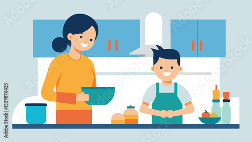 Happy Mother's Day! A heartwarming flat color illustration of a mother and child joyfully engaging in a fun and messy cooking experiment together, creating cherished memories in   