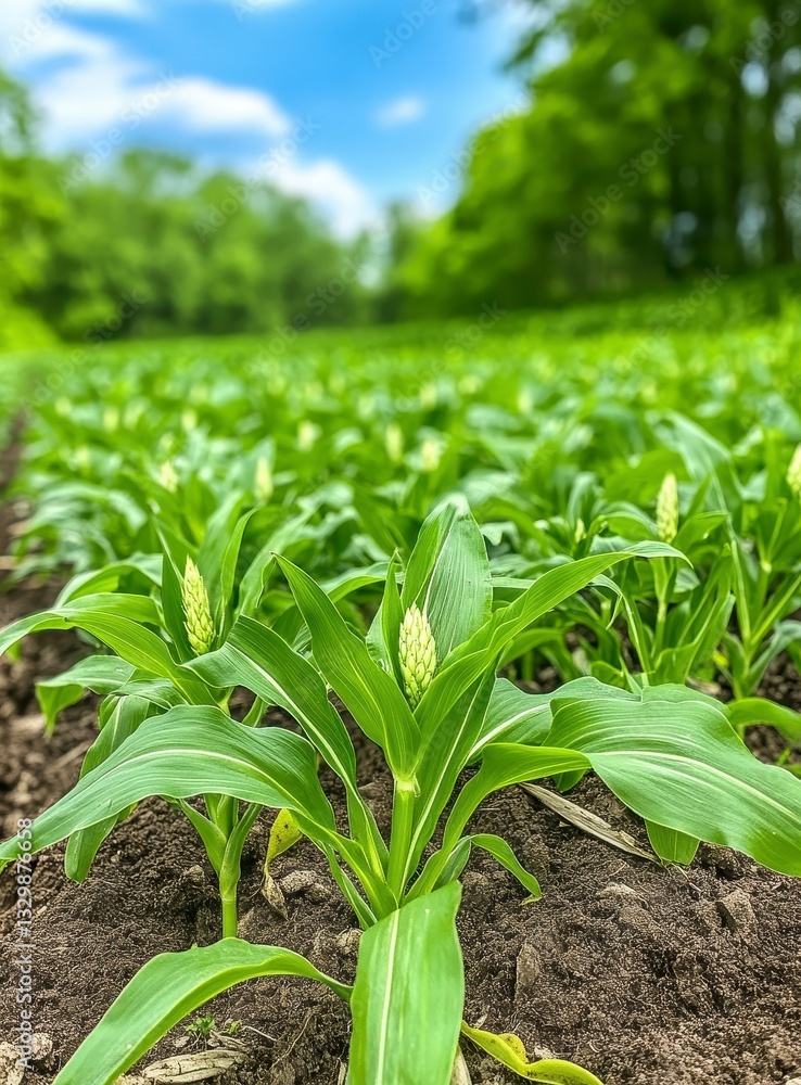Obraz premium Vibrant Green Corn Plants in a Lush Field Under a Bright Blue Sky